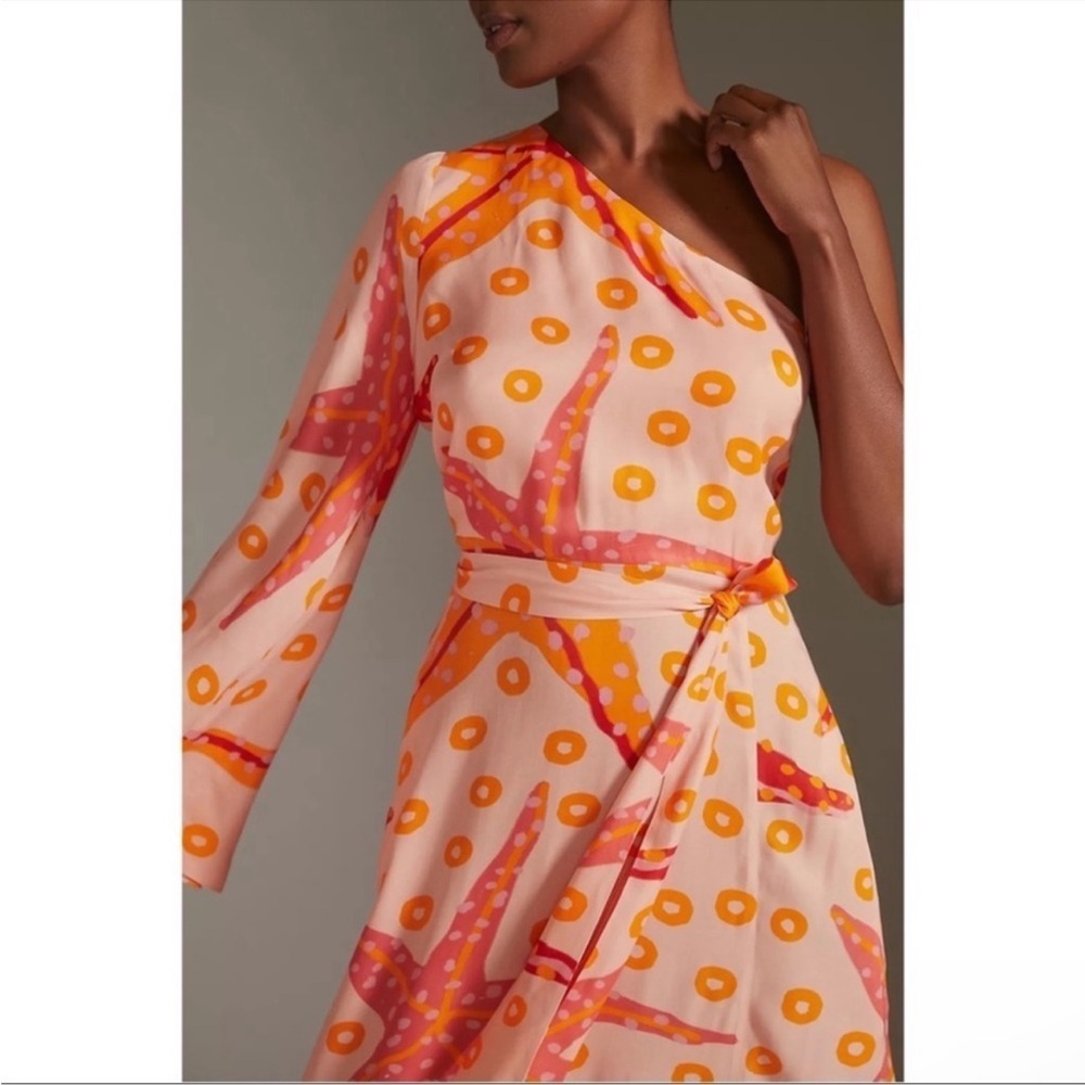 Anthropologie Farm Rio One Shoulder Starfish Maxi Dress Orange Size Small NWT - Picture 6 of 10